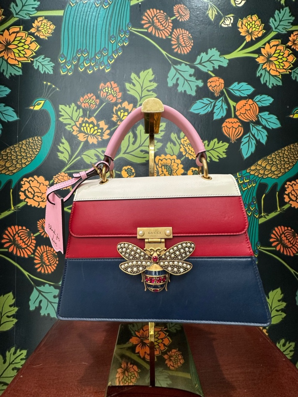Gucci Queen Margaret Bee Top Handle Bag Red Navy Ivory Pink Strap - Picture 5 of 14